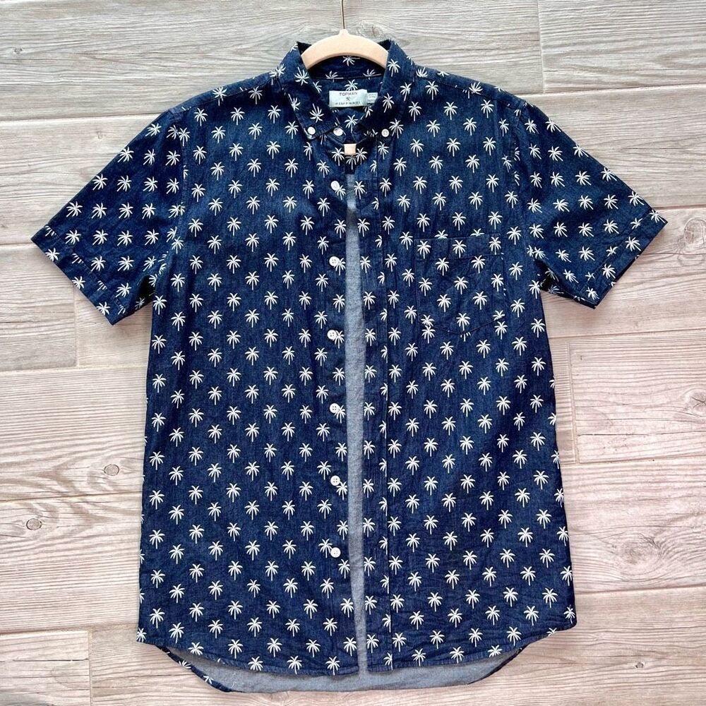 Topman Men's Blue Palm Tree Print Short Sleeve‎ Button Down Shirt Size S